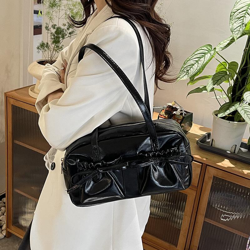 Sweet Bow Pleated Design Women Shoulder Bags Double-pocket Large Capacity Ladies Underarm Bag Solid Color Female Handbags Tote