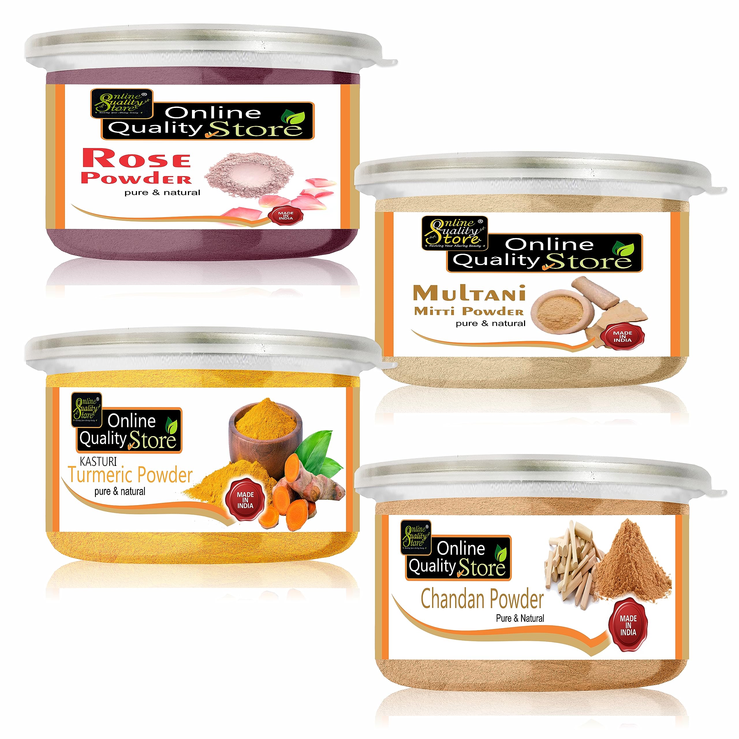 

Online Quality Store Multanimitti, Chandan, Kasturi Turmeric & Rose Powder Combo | Fuller Earth Bentonite Clay | Kasthuri Manjal Wild Turmeric Fa