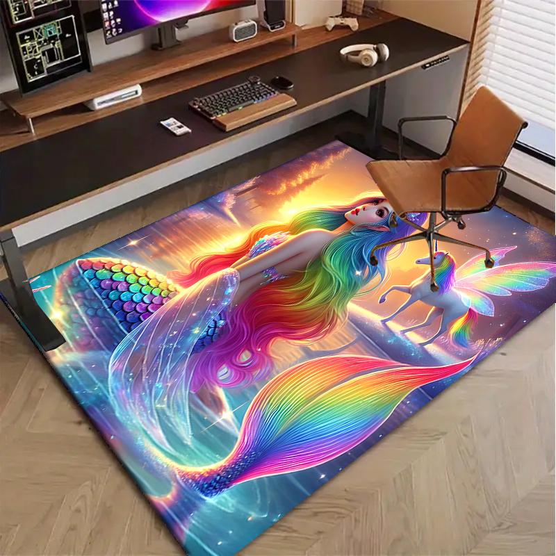 Mermaid Polyester Carpet, Soft Indoor Mat for Office Chair, Living Room, Computer Desk - Decorative Home Office Rug Design