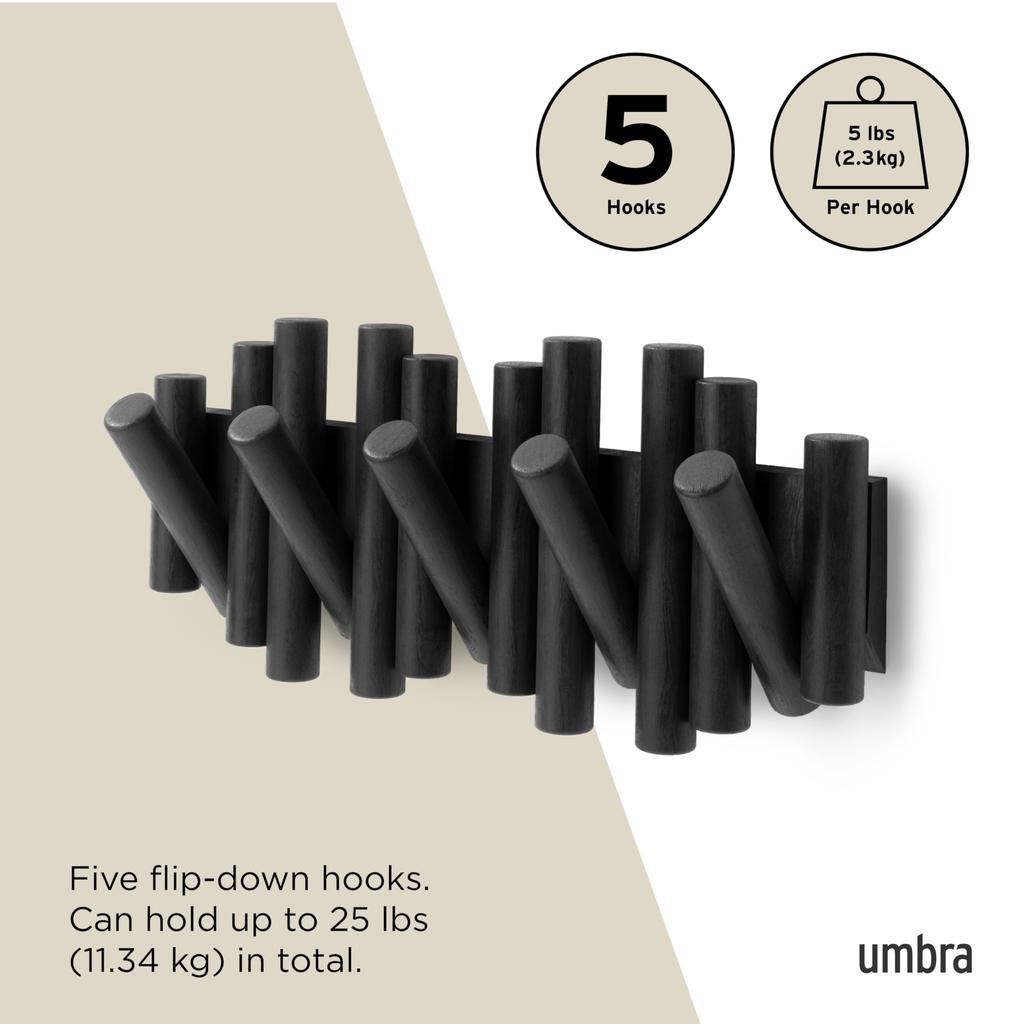 Umbra Wall Hooks, 5-Row, Storage, Wall-Mounted, Interior, 10kg Weight Capacity, Picket, Black, 21011471040, W38 x D4 x H17cm