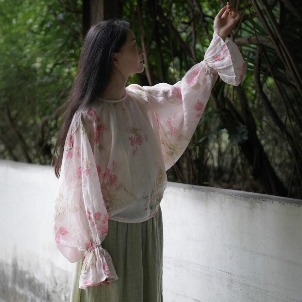 Johnature Women Vintage Print Floral T-Shirts Tops Spring O-Neck Flace Sleeve Chinese Style Female T-Shirts