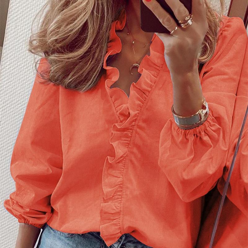 Women's Fashion Casual Summer Spring Long Sleeve Blouses & Shirts Ruffled edge shirt Solid Color Chemise Womens Tops