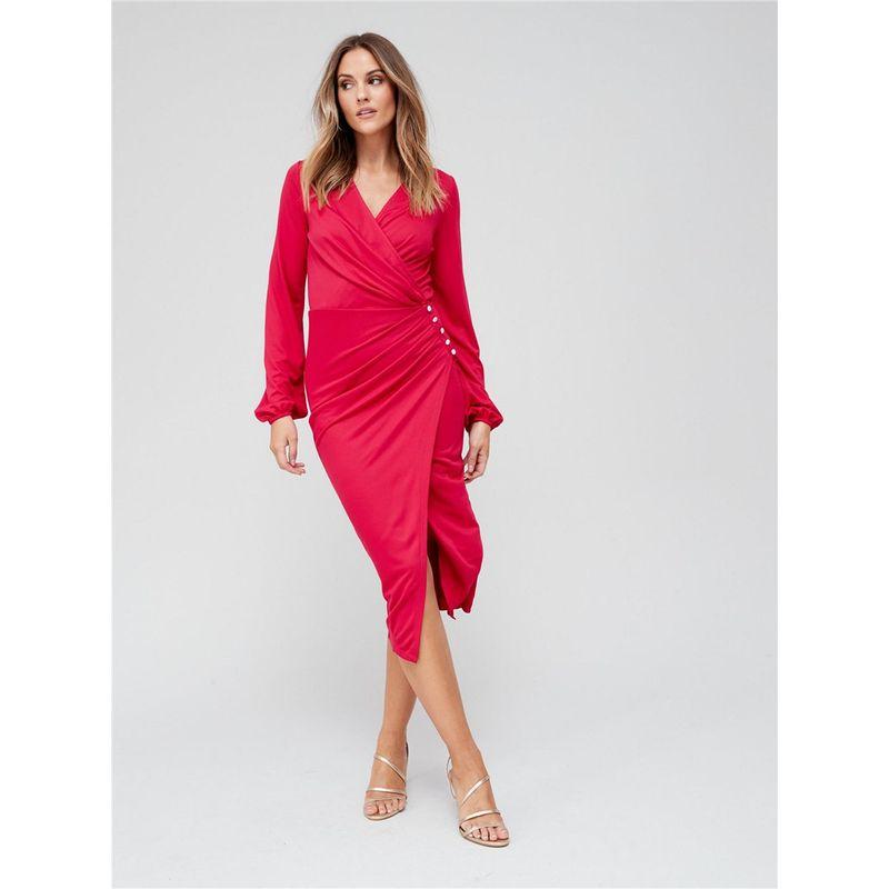 

British Viscose Button Reincarnated Slim-Fit Long Sleeve Dress Red 8