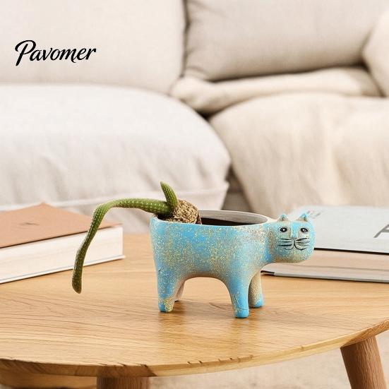 Breathable Clay Flower Pot Ceramic Cat Planter, Cute Kitty with Drainage Hole, Stable Base Planter Decorative Plant for Succulents Cactus Indoor Table