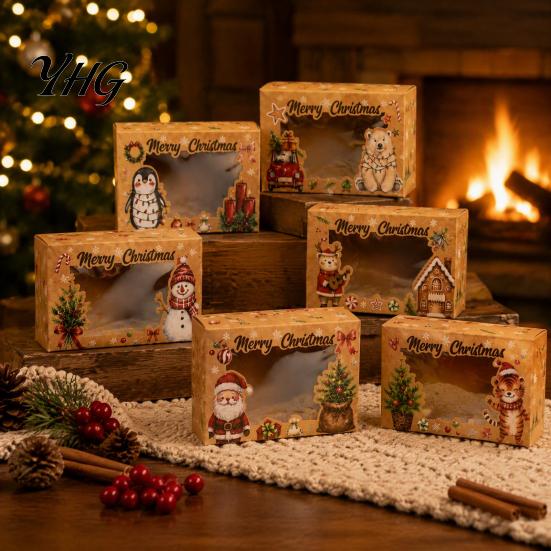 Festive Party Favor Boxes 6Pcs Christmas Paper Gift Boxes, Xmas Color Printed Foldable Cookie Treat Eco Friendly Holiday Bakery Packaging for