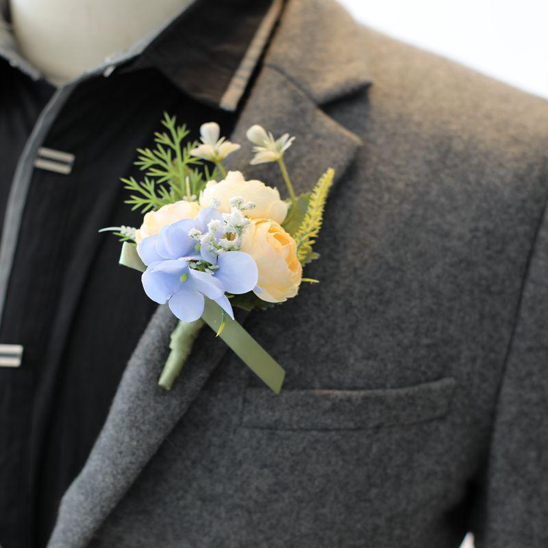 Mori-Style Korean Camellia Wedding Boutonniere & Bridesmaid Wrist Corsage Set