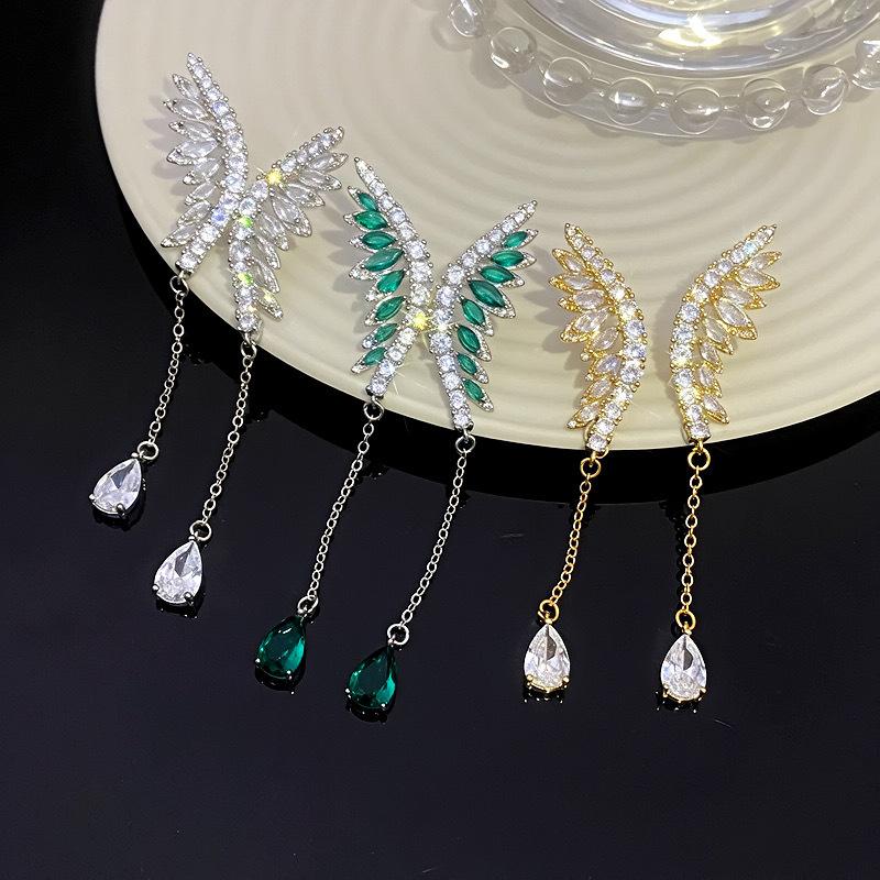 Micro Heavy Industry Wings Earrings Super Immortal Temperament Elegant Celebrity Square Face Skinny Long Water Drop Fringed Feather Earrings