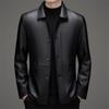 Men's Mid-Length Fleece-Lined Leather Jacket with Turn-Down Collar, Plus Size, Casual Coat