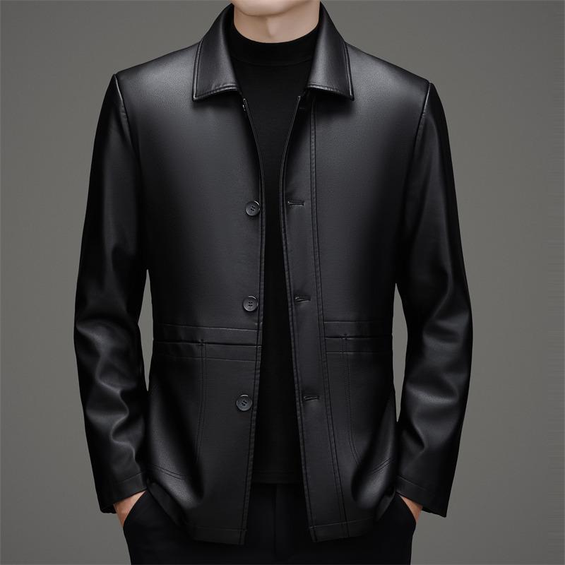 Men's Mid-Length Fleece-Lined Leather Jacket with Turn-Down Collar, Plus Size, Casual Coat