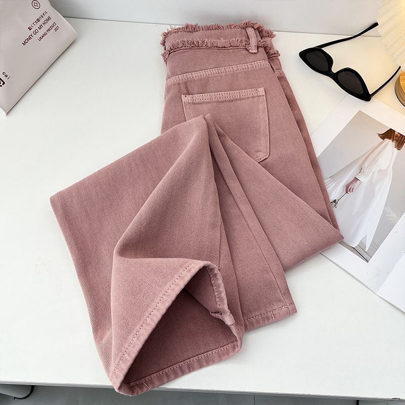 Korean Style Pink Jeans Women Spring Autumn High Waist Raw Edge Straight Denim Pants Simple Gentle All Matched Wide Leg Pants