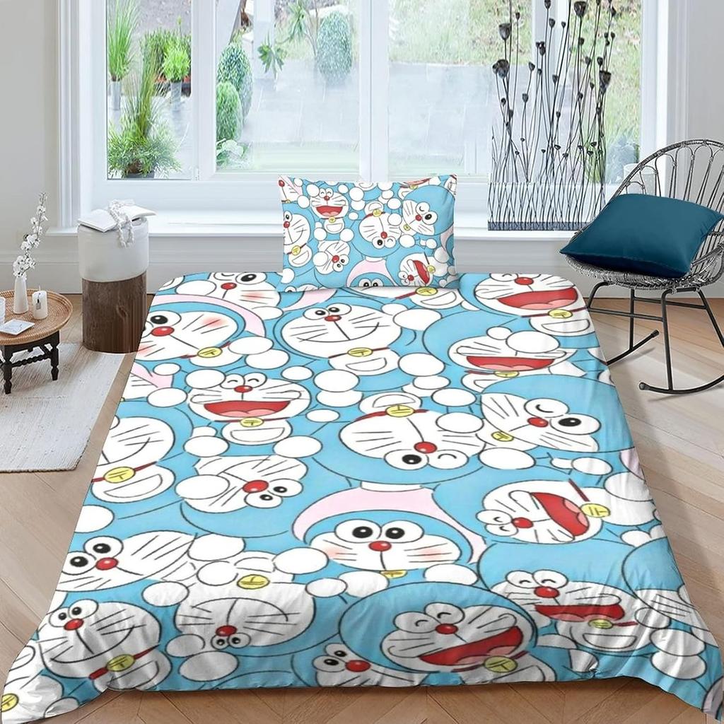 Utsøkt 3D Tegneserie Katt Bakgrunn D-Doraemon Trykk Sengetøy Sett Dynetrekk Dyne Seng Ungdom Barn Jenter Gutter Gave