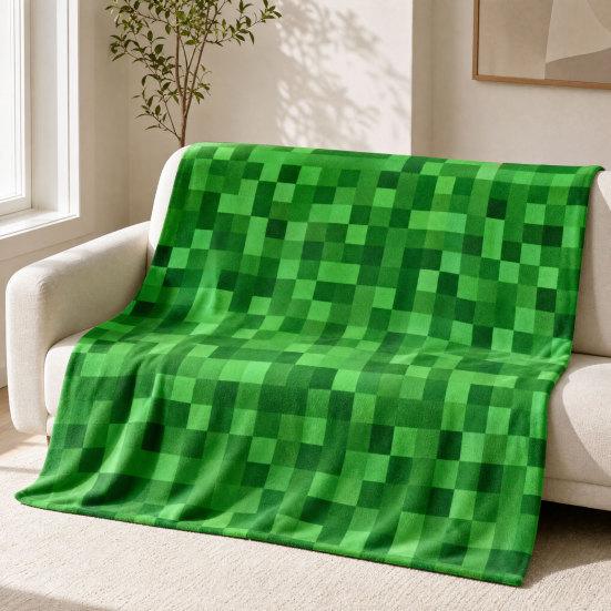 Pixel Grid Miners Kids Flannel Blanket, Geometric Grid Patchwork Pixelated Bed Blanket, Cartoon Gamepad Video Games Girls Boys Sofa Decor, Brown