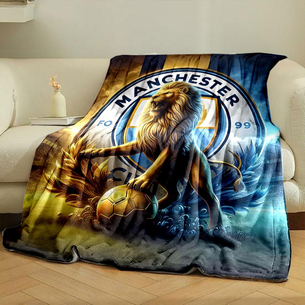 A Lion Standing On a Golden Soccer Ball with a Circular Emblem Backdrop. for All Seasons Blanket Lunch Break Throw Gift