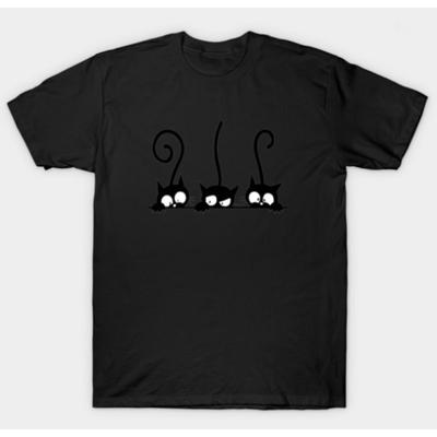 Three Cute Cartoon Black Cats with White Eyes Graphic Print T Shirt Simple Minimalist Design Casual Cat Lover Clothing for Men