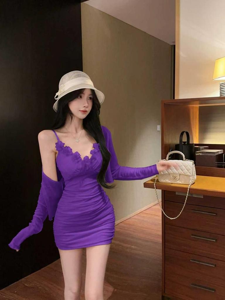 Sexy Nightclub Women's Floral Two-Piece Set: Long-Sleeve Cardigan and Low-Cut Spaghetti Strap Short Skirt