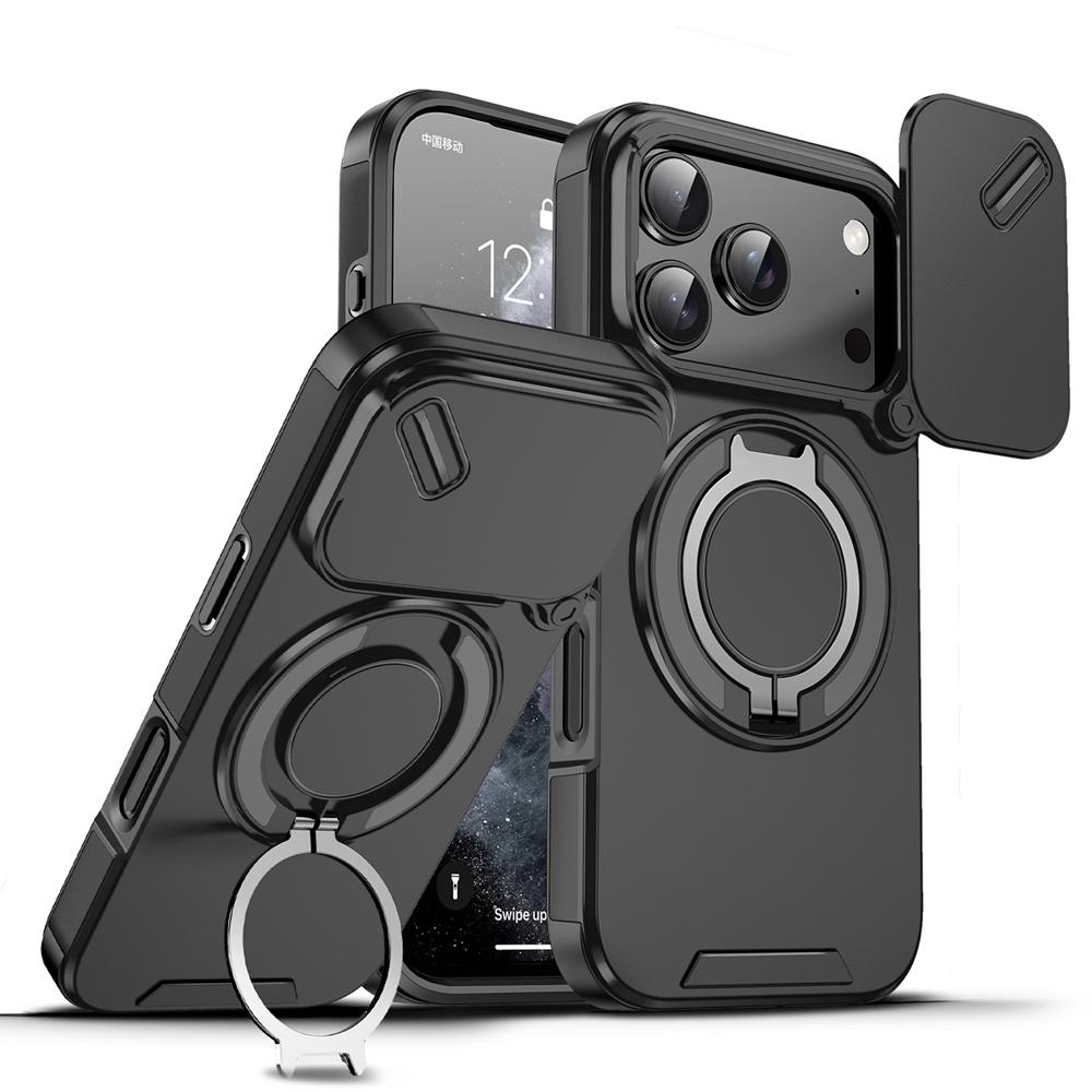 KEYSION 360° Rotating Ring Stand Phone Case for iPhone 17 Pro Max Silicone+PC Slide Camera Protection Magnetic Shockproof Cover