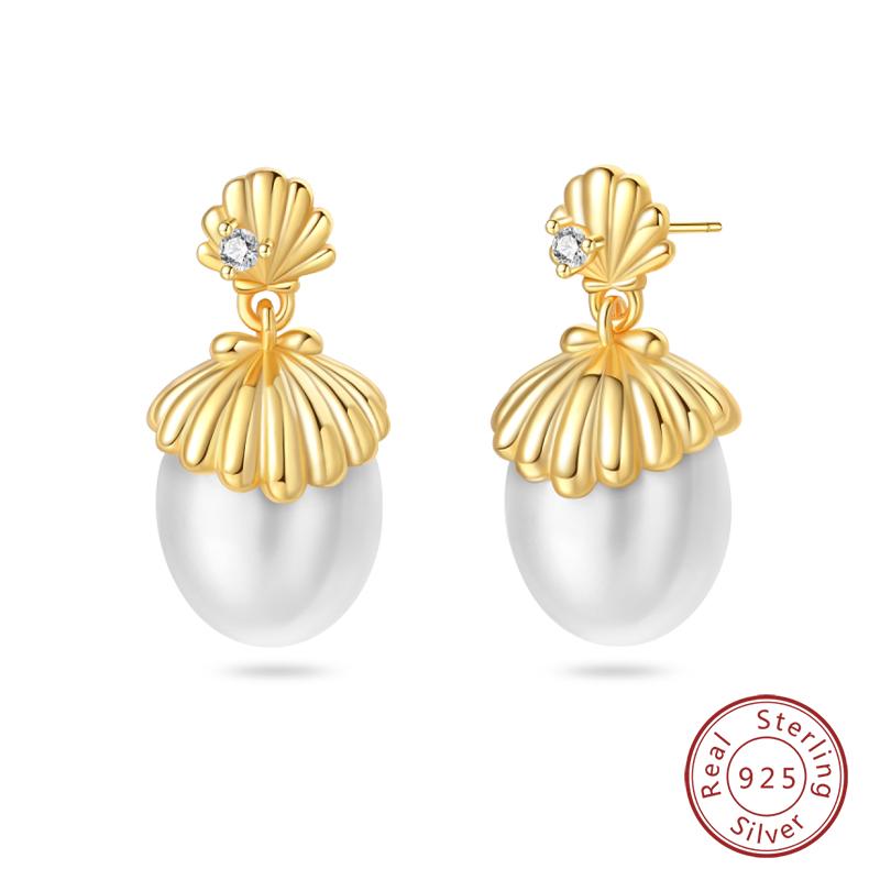 Luxus Goldene Muschel Seestern Perlen Ohrstecker 925 Silber Schmetterling Herzförmige Anhänger Perlenohrringe Für Frauen Party Schmuck