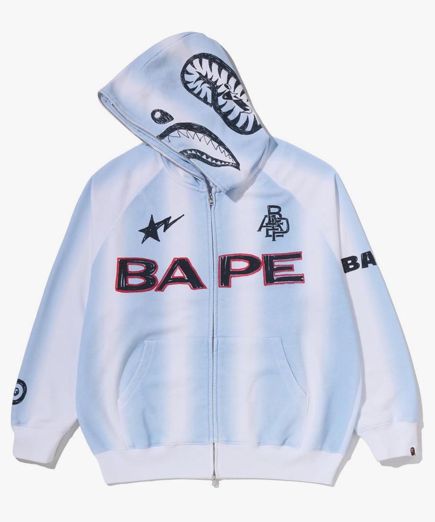 Bape Hand Draw Football Shark Relaxed Fit Full Zip Hoodie (M) White