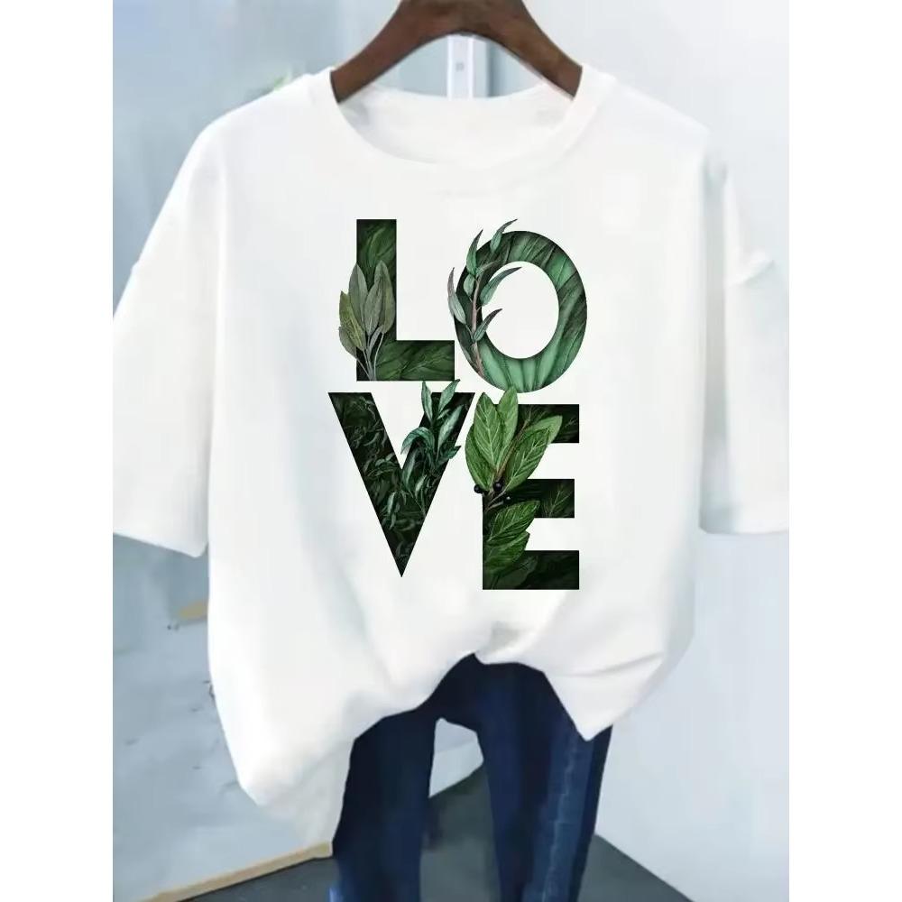 Flower Print Fashion Plant Trend Lovely print ladies T-shirt casual basics O-collar Black shirt short sleeve ladies T-shirts