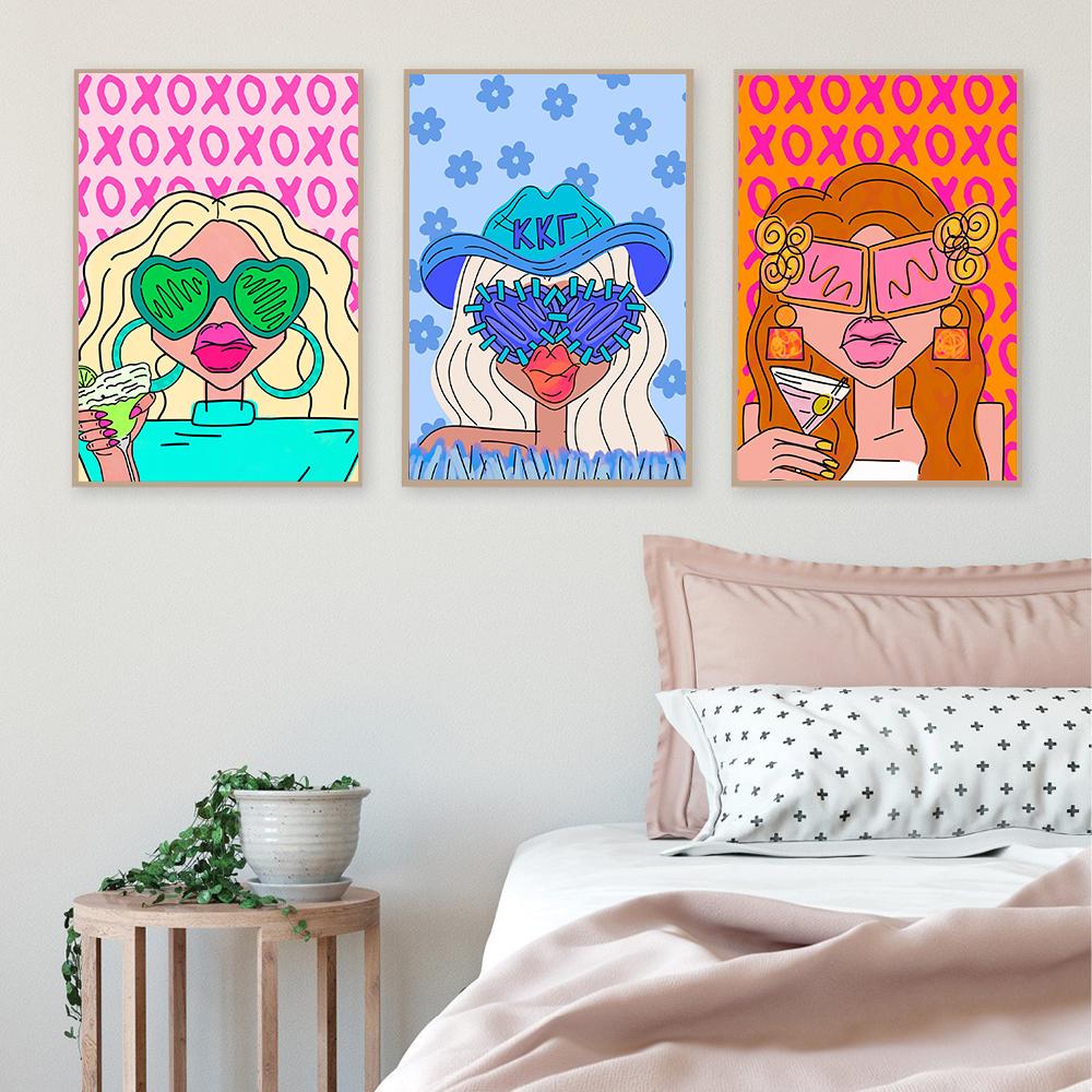 Preppy Funky Girl Portrait Wall Art Canvas Painting Fashion Cartoon Woman Avatar Poster Pictures Modern Dorm Decor Prints