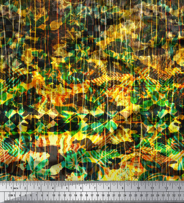 Soimoi Japan Crepe Satin Fabric Artistic Floral & Check Panel Print Fabric by the metre 42 Inch