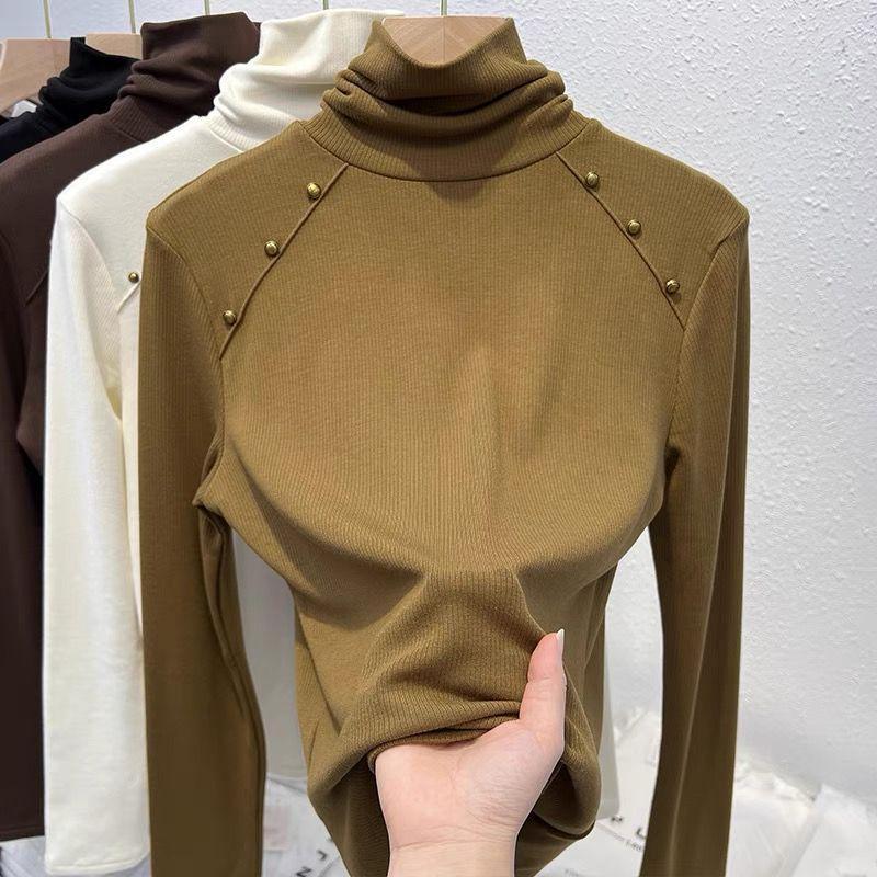 Stacked turtleneck bottoming shirt for women's autumn and winter with fleece thickened long-sleeved t-shirt fashionable polished thermal top