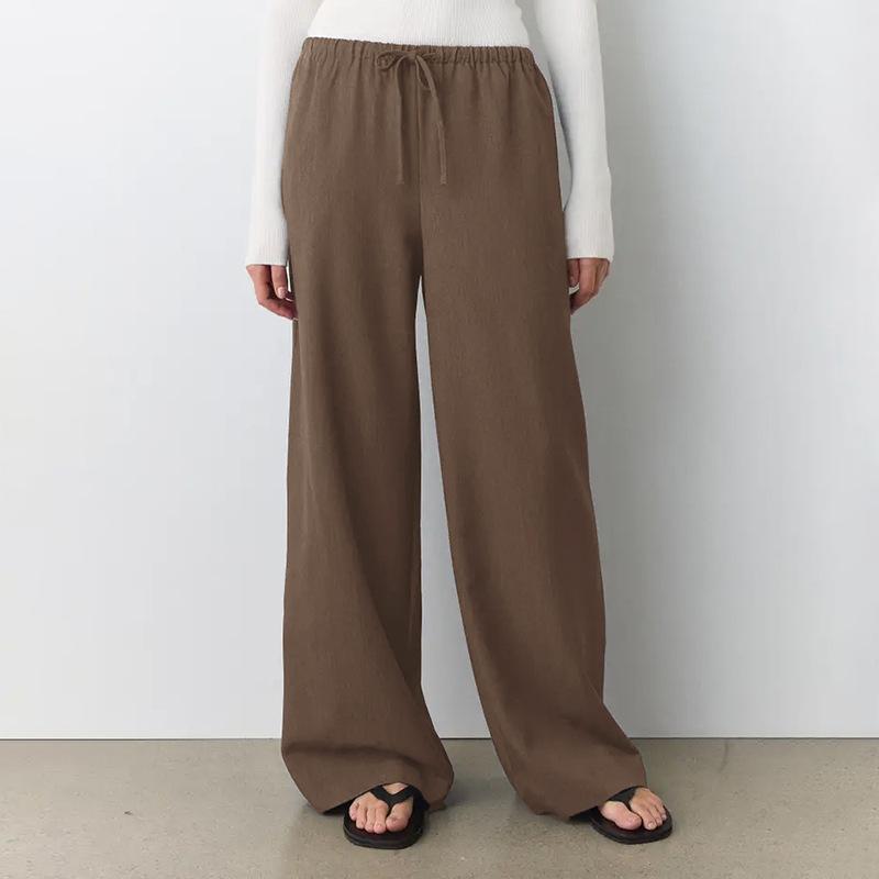 Solid-color Casual and Versatile Stretched-waist Drawstring Straight-leg Long Pants for Women