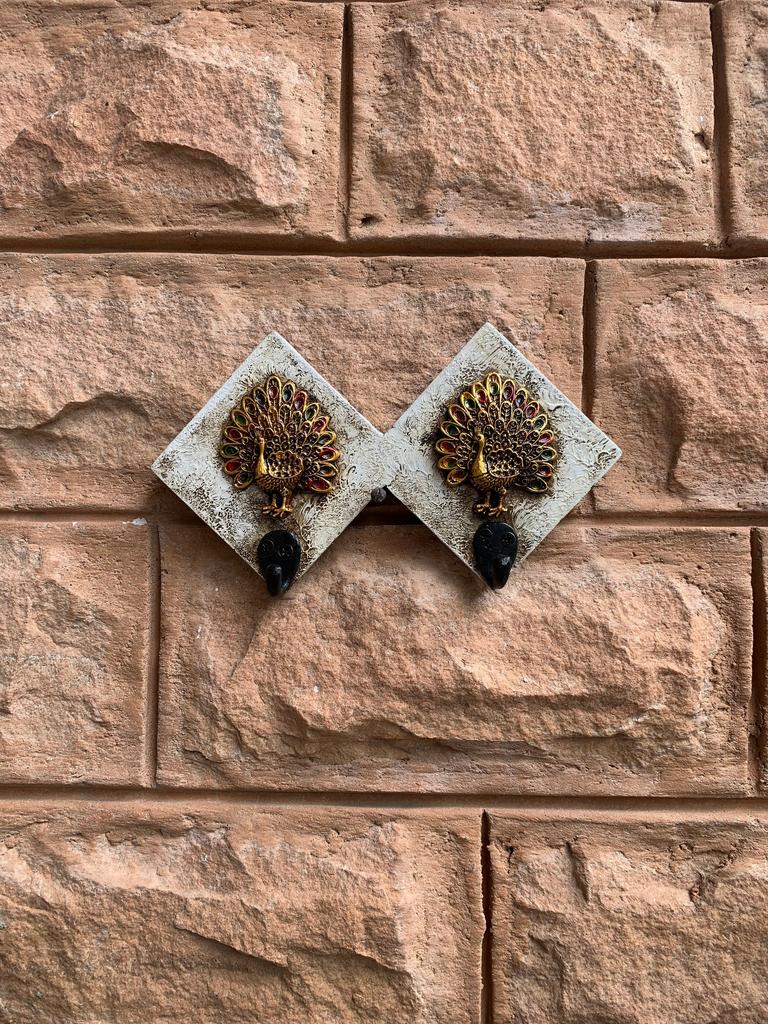 Hand Painted Wooden Peacock Wall Hooks: Black & White Decor