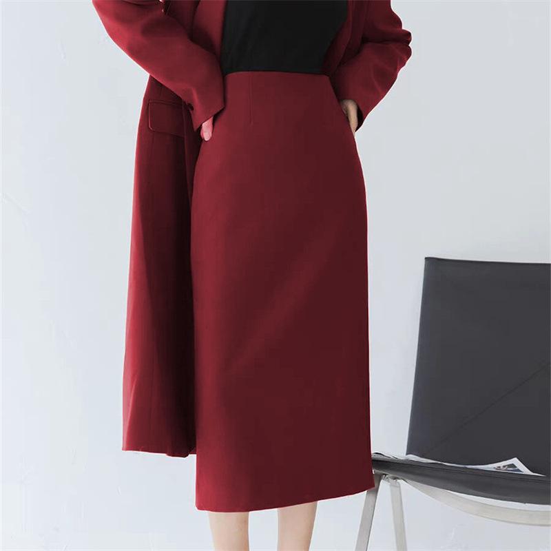Women's Mid-Length Coffee-Colored A-Line High-Waisted Slit Skirt
