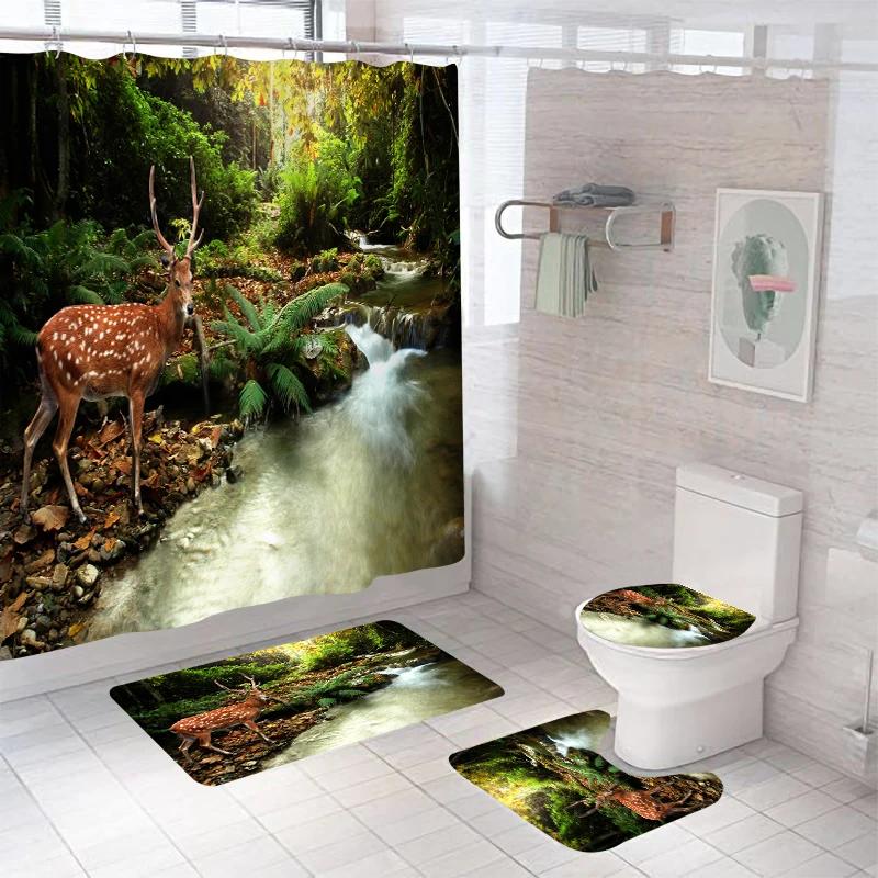 Forest Bathroom Shower Curtain Set Waterproof Bath Curtain Sets Toilet Cover Non-Slip Mat Rug Carpet Set Home Decor Accessories