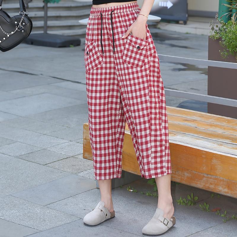 Lässige Sommer-Plaidhose Frau Übergröße Elegant Elastischer Bund Damenhose Vintage Kleidung