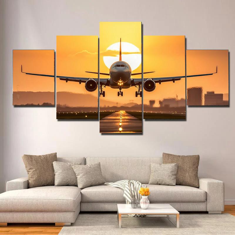 5pcs Modern Take Off Airplane Print Canvas Painting, Airplane In Sky Poster Wall Art, For Living Room Study Room Decor, No Frame