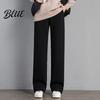 Thick Fleece Lining Straight Wide Pants Elastic Autumn Winter Trousers Women High Waist Leg Solid