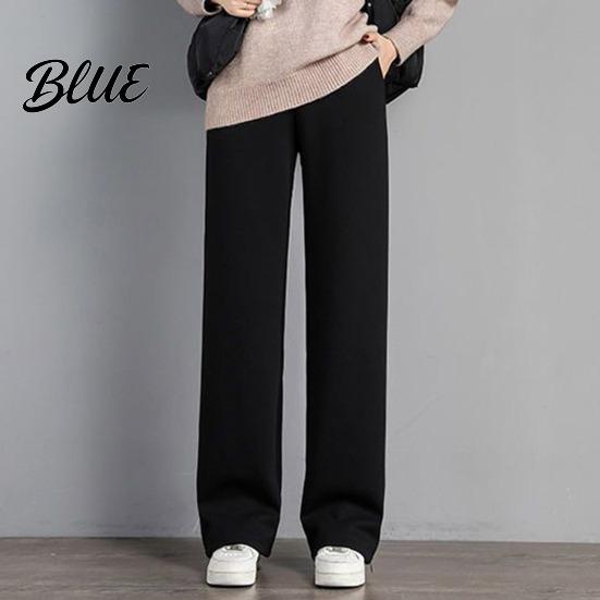 Thick Fleece Lining Straight Wide Pants Elastic Autumn Winter Trousers Women High Waist Leg Solid