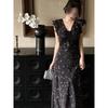 Women's Summer Casual New Lace Temperament Long Dress Small Fly Sleeves Black Floral Suspender Dress