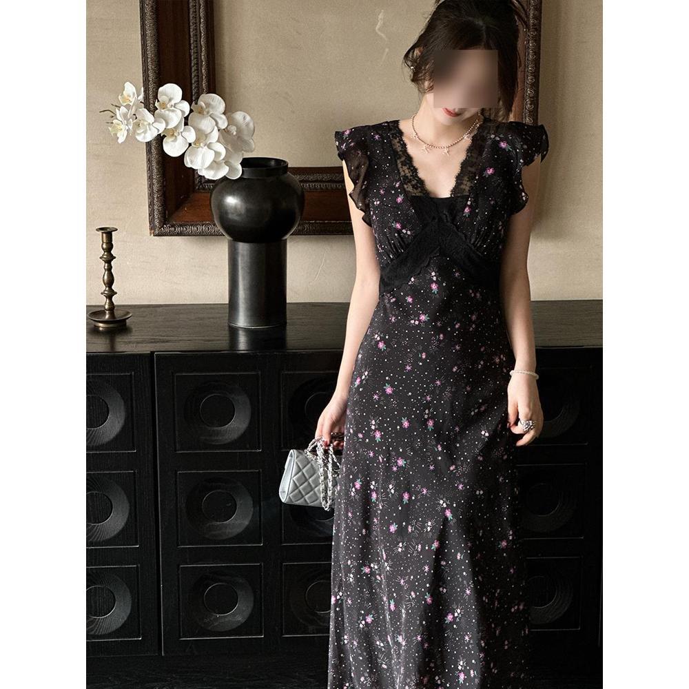 Women's Summer Casual New Lace Temperament Long Dress Small Fly Sleeves Black Floral Suspender Dress