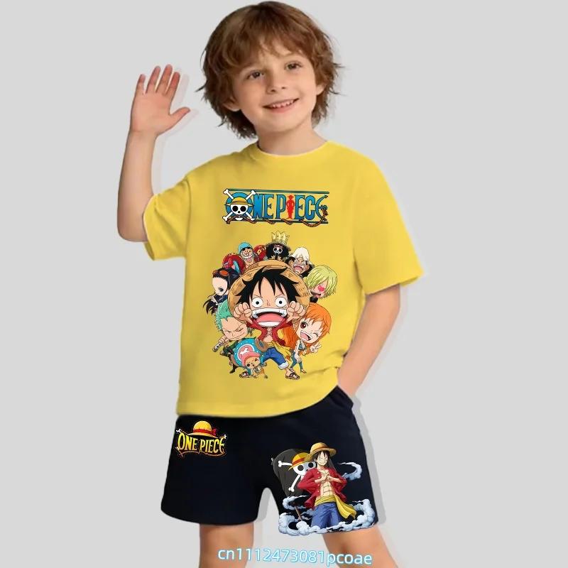One Piece Children's Polyester Short-Sleeved Shorts Set with Cartoon Print - Boys' Sports Shirt for Summer T-Shirt Set of 2 Pieces