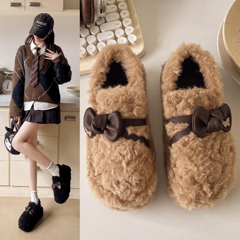 Bow-tie fluffy shoes for women's outer wear 2025 winter new Korean version velvet warm one-pedal Doudou shoes women's shoes cotton shoes
