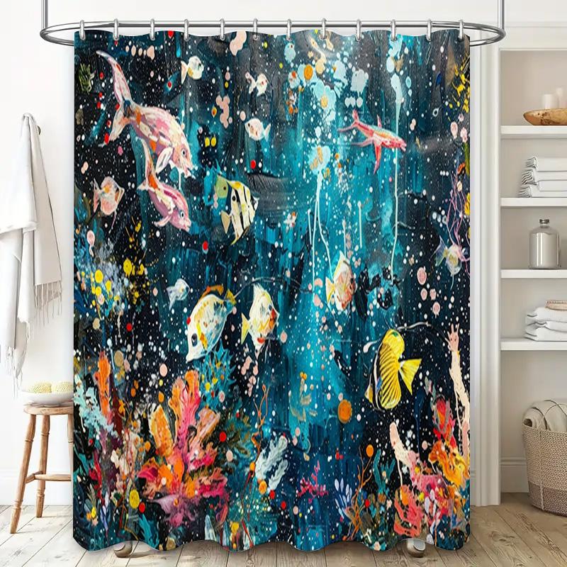 Brighten Up Your Bathroom with this Dynamic Blue Fish Print Shower Curtain Set