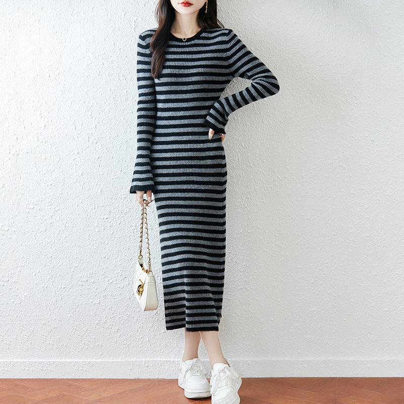 Women Sweater Dress 100% Wool MODERN NEW SAGA O-neck Striped Knit Long Pullover Winter Jumpers Wool Long Dress Female