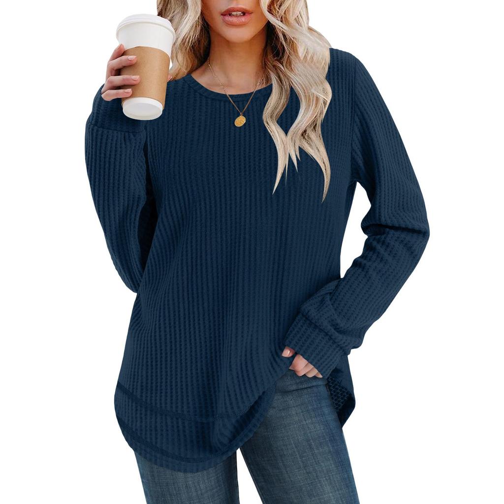 2025 European Style Women's Casual Loose Solid Long Sleeve Waffle Knit Round Neck Top