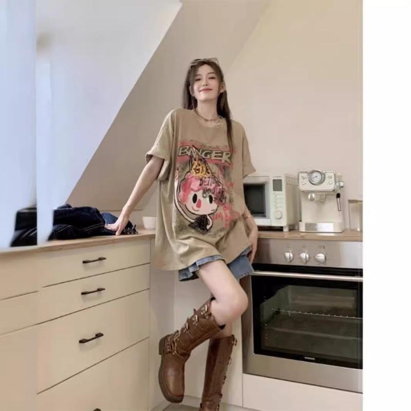 Summer Vintage Street Style Printing Loose Casual Short Sleeve Tee Top Women Cotton All-match Pullover T-shirt