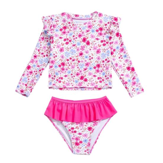 Jenter Solbeskyttende Badedraktsett Todelt Rash Guard Langermet Badebukse Tankini med Bikinibunn Blomstertrykk Barn Strandklær
