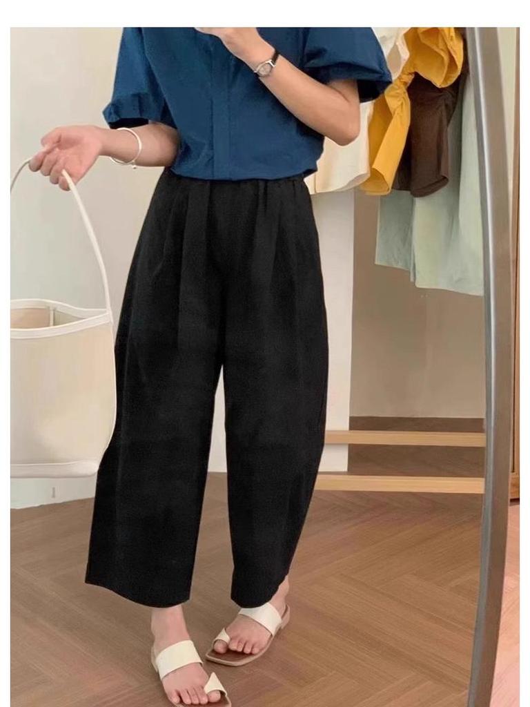 Cotton UL Japanese Style Women's Wide Leg Carrot Pants with Elastic Waist, Petite Loose Fit, Suitable for Spring, Summer, and Autumn.
