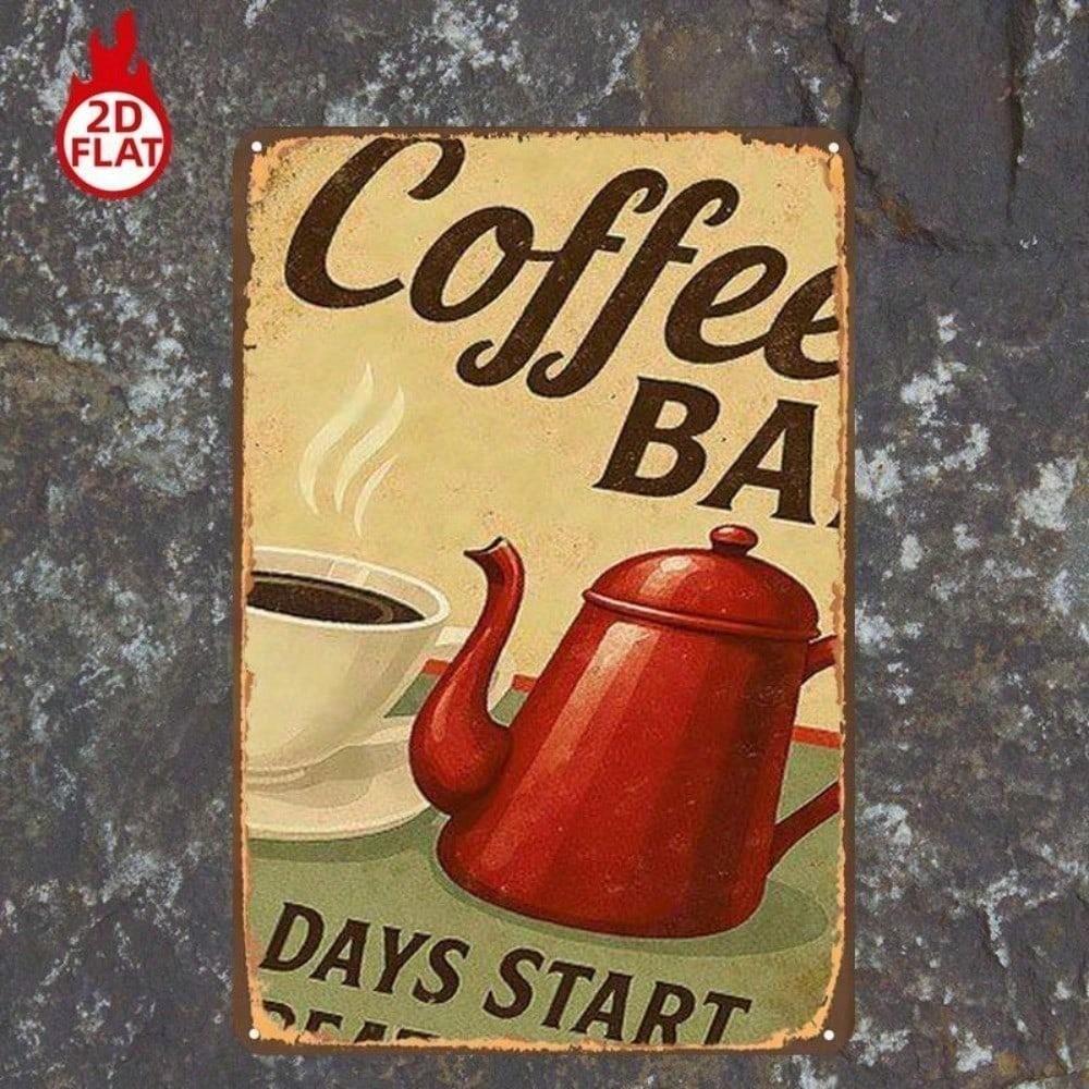 Vintage Coffee Bar Metal Sign 8x12in - Days Start With Coffee Retro Tin Plaque, Cafe Wall Decor