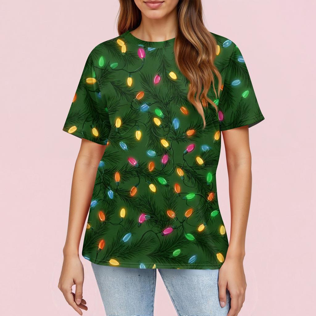 Women's Fashionable Casual Short Sleeve Christmas Print Round Neck Pullover Top