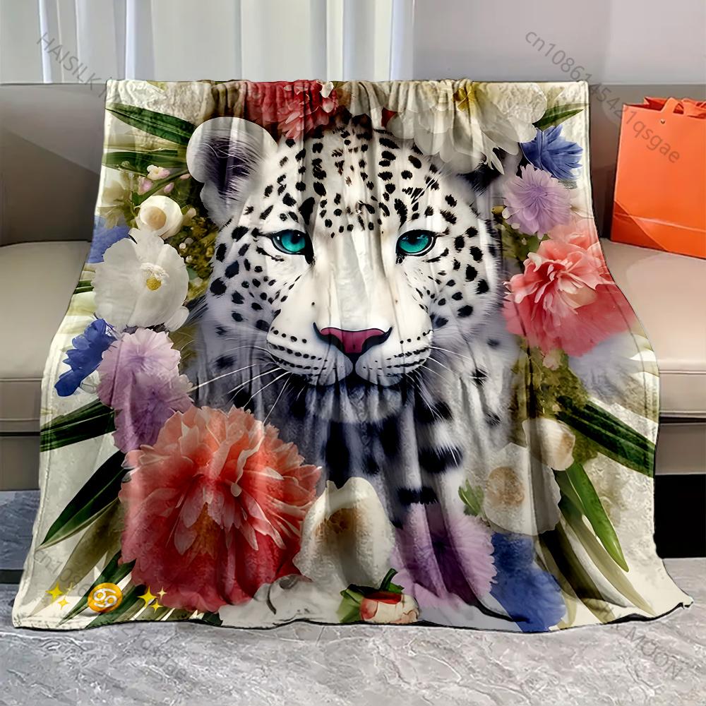 

1PC White Leopard Flower Print Blanket Warm Soft Luxury Gift for Child Adults Suitable for Home Sofa Bed Travel Camping 75x90cm