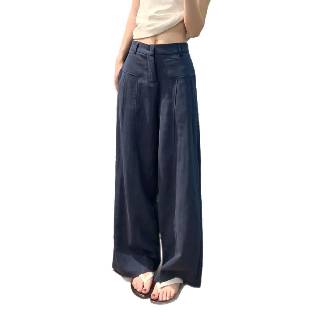 Petite XS Women’s Navy Blue Straight-Leg Wide-Leg Suit Pants, Old Money Style, Spring & Autumn, 145cm Length