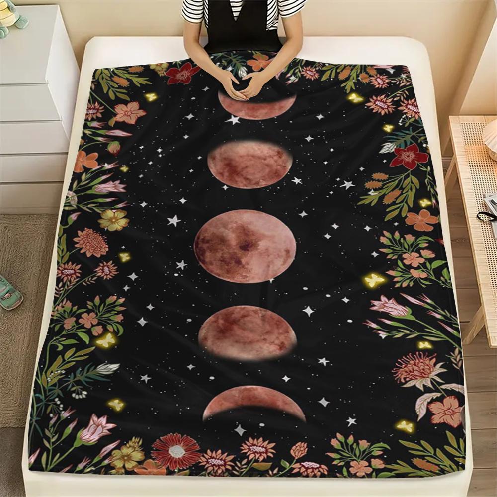 1Pc Floral Moon Print Flannel Blanket, High Quality Comfortable for All Seasons, Home Decor, Warmth and Comfort, Perfect for Gifts