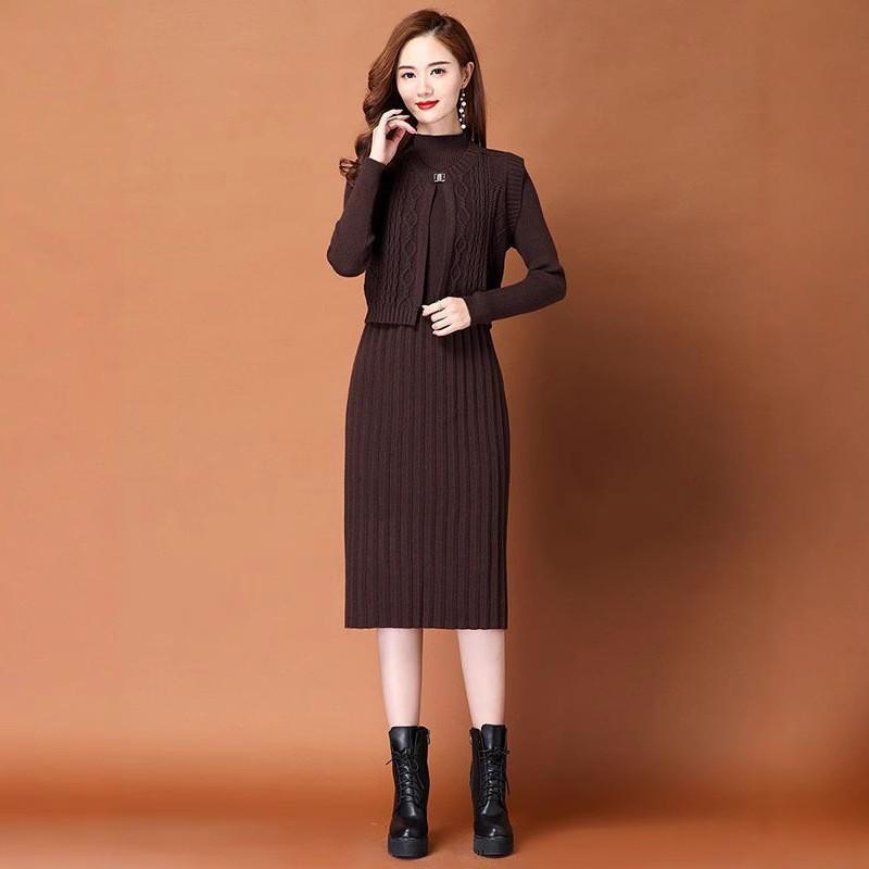 2025 Autumn/Winter Women's Elegant Knit Two-Piece Mid-Length Wool Dress Set